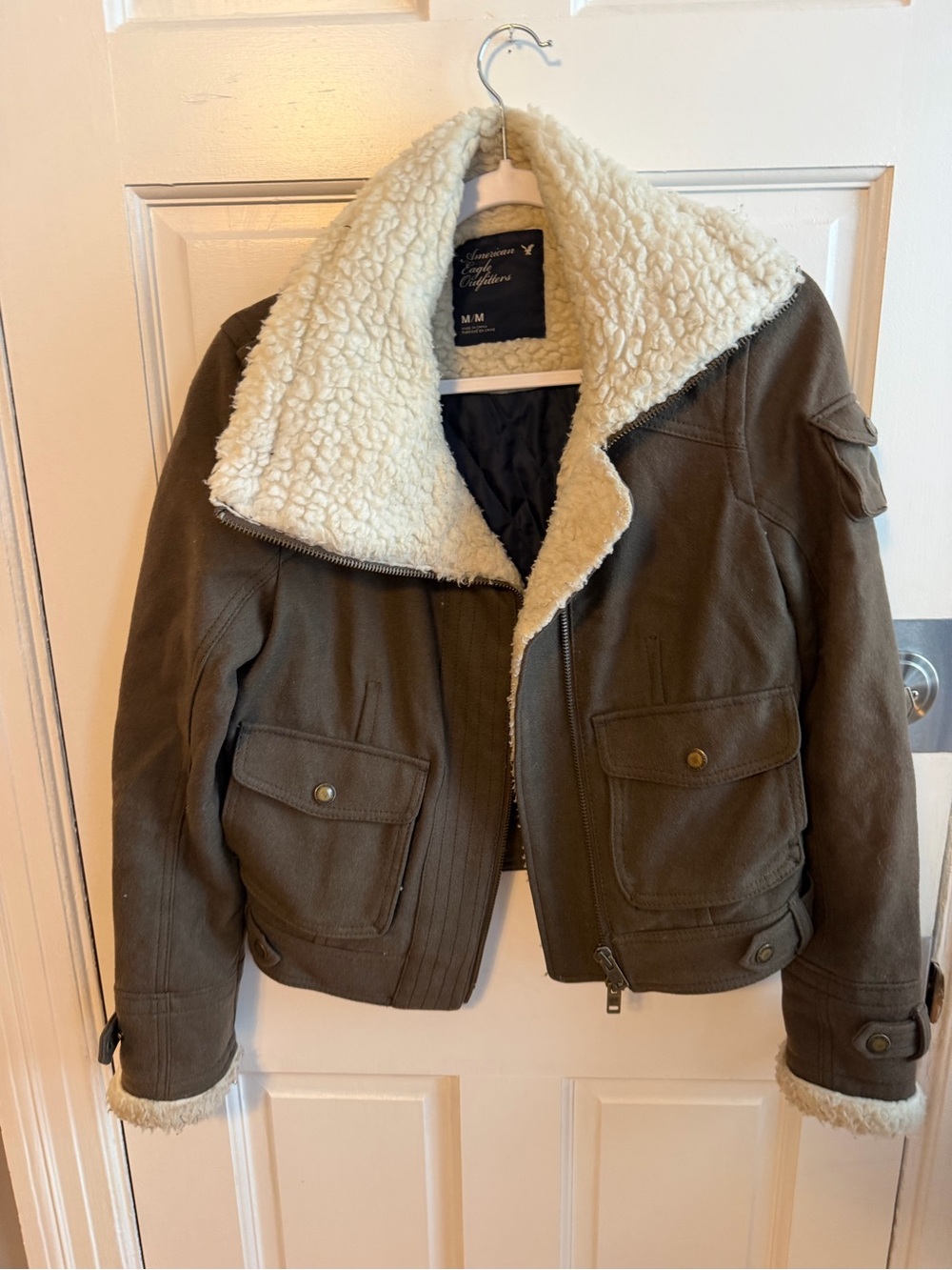 American Eagle Outfitters Olive Bomber Jacket with Cream Sherpa Size M
